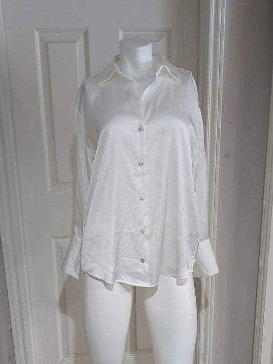 Zara White Satin Button-Down Blouse Women's Medum