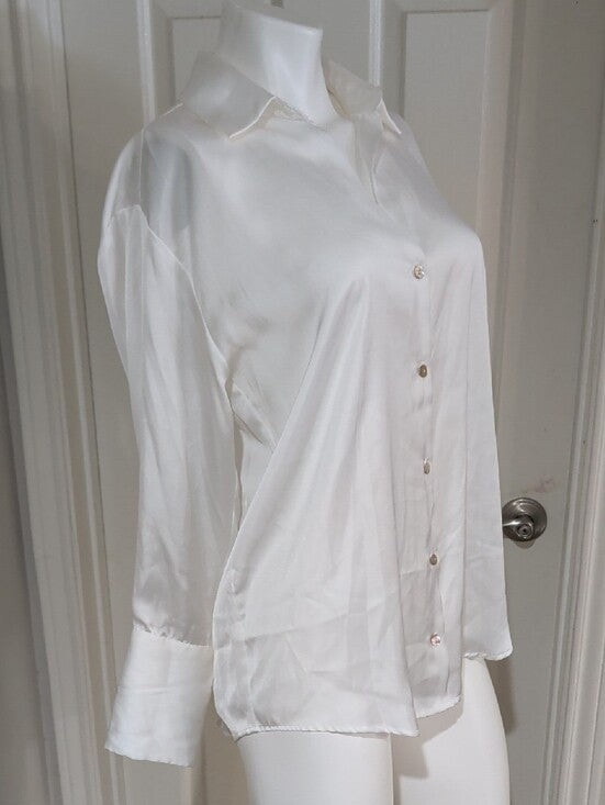 Zara White Satin Button-Down Blouse Women's Medum