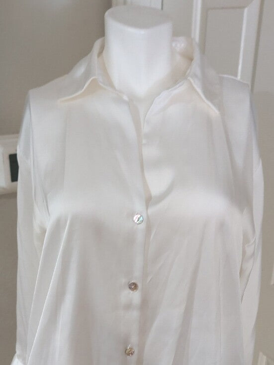 Zara White Satin Button-Down Blouse Women's Medum