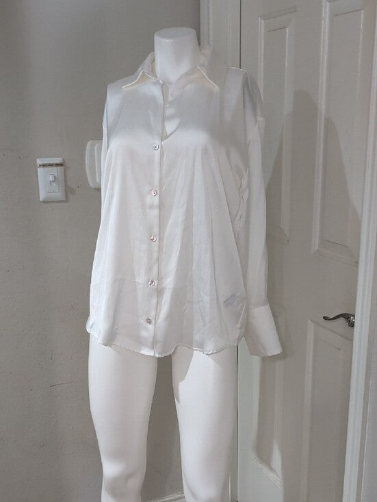Zara White Satin Button-Down Blouse Women's Medum