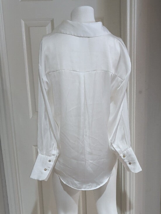Zara White Satin Button-Down Blouse Women's Medum