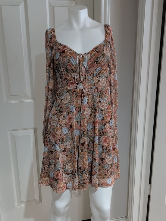 SHEIN Brown Multi Floral Tie-Front Tunic Mini Dress Women's Medium