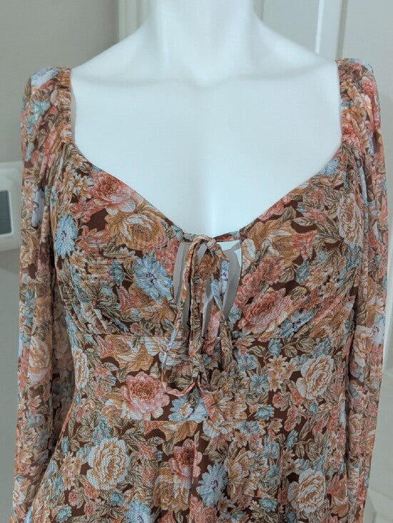 SHEIN Brown Multi Floral Tie-Front Tunic Mini Dress Women's Medium