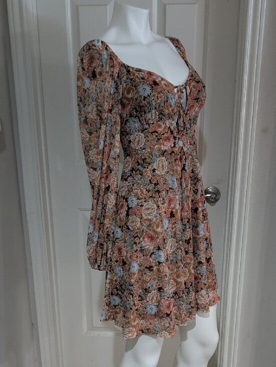 SHEIN Brown Multi Floral Tie-Front Tunic Mini Dress Women's Medium