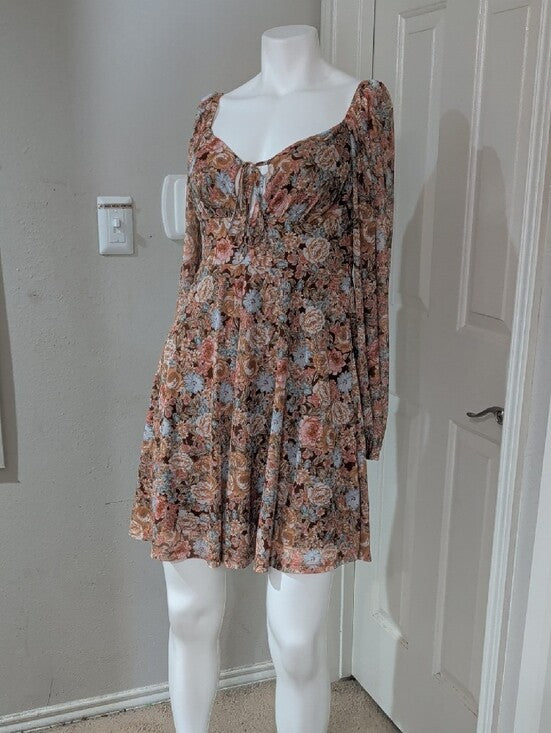 SHEIN Brown Multi Floral Tie-Front Tunic Mini Dress Women's Medium