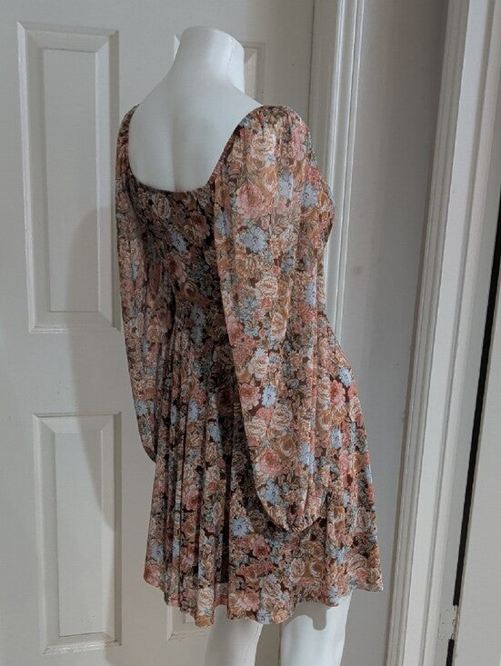 SHEIN Brown Multi Floral Tie-Front Tunic Mini Dress Women's Medium