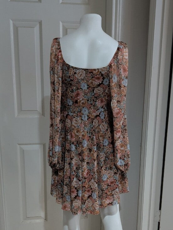 SHEIN Brown Multi Floral Tie-Front Tunic Mini Dress Women's Medium