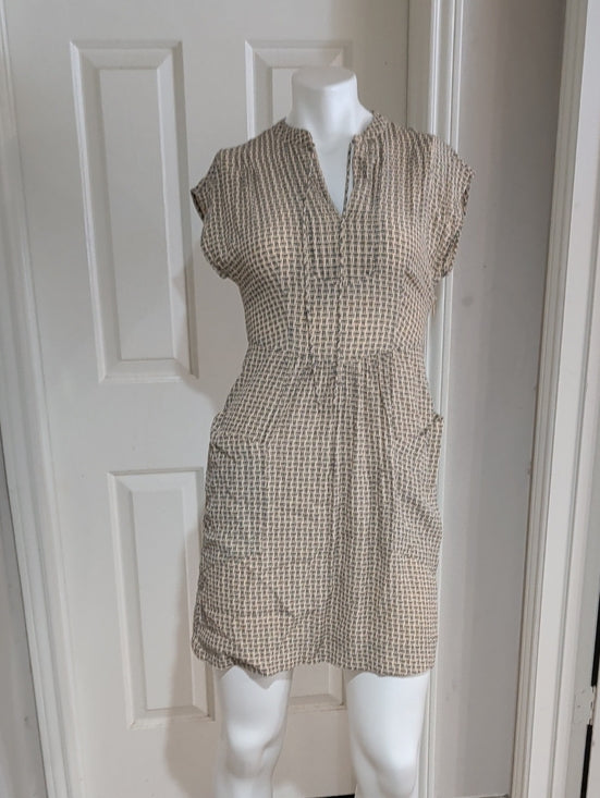 Casual Beige "LOVE" Patterned Short Sleeve Women's Dress XS Handmade
