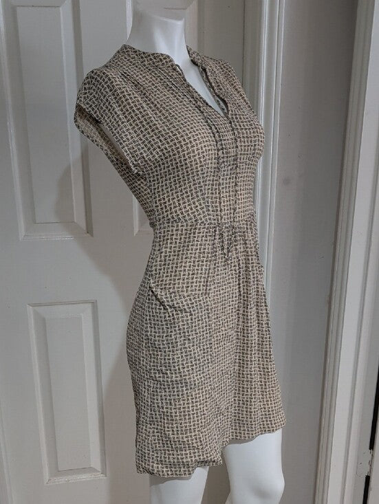 Casual Beige "LOVE" Patterned Short Sleeve Women's Dress XS Handmade