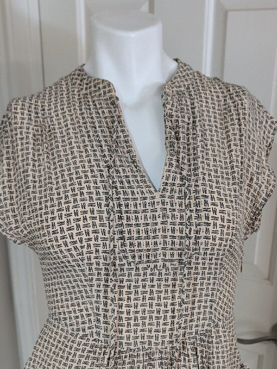Casual Beige "LOVE" Patterned Short Sleeve Women's Dress XS Handmade