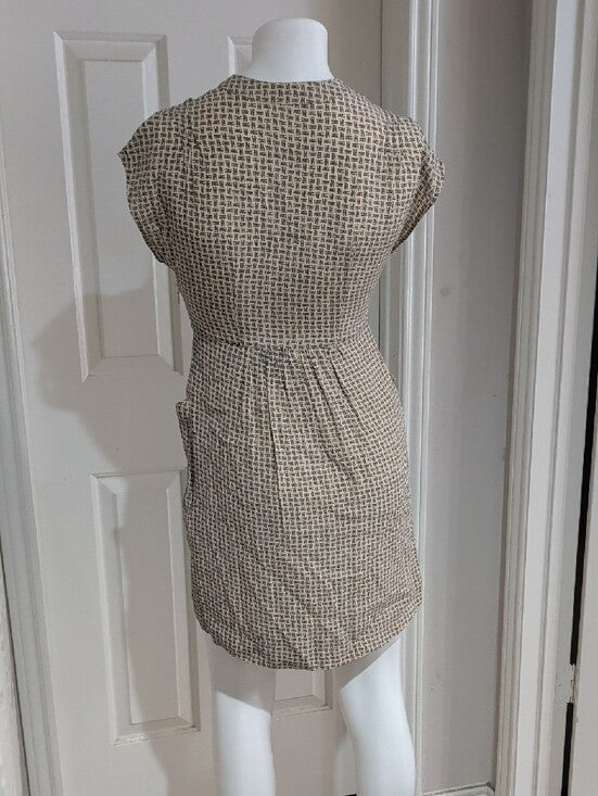 Casual Beige "LOVE" Patterned Short Sleeve Women's Dress XS Handmade