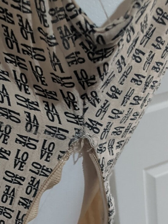 Casual Beige "LOVE" Patterned Short Sleeve Women's Dress XS Handmade