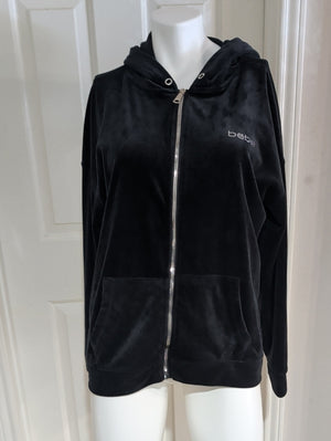 bebe Sport Black Velour Zip Hoodie with Rhinestone Logo Women's XL