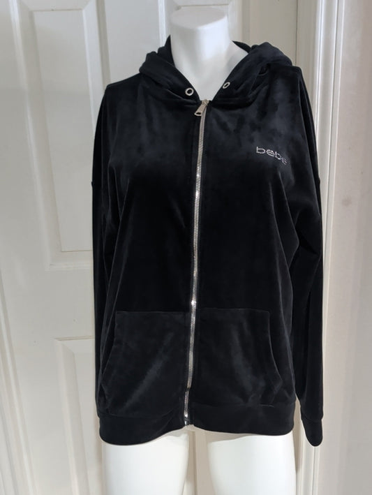 bebe Sport Black Velour Zip Hoodie with Rhinestone Logo Women's XL