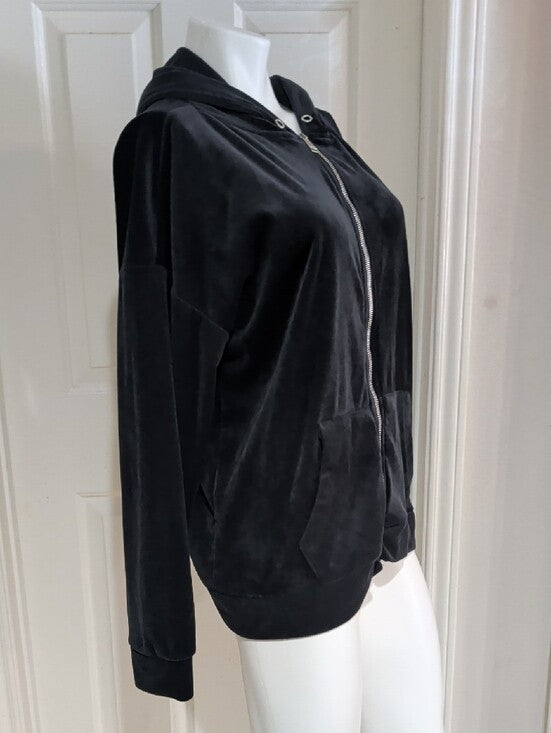bebe Sport Black Velour Zip Hoodie with Rhinestone Logo Women's XL