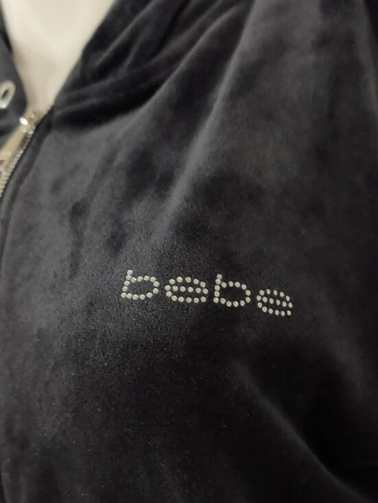 bebe Sport Black Velour Zip Hoodie with Rhinestone Logo Women's XL