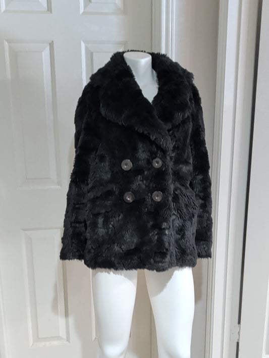 Retro Juicy Couture Black Teddy Faux-Fur Double-Breasted Coat Women's Small