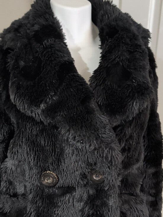 Retro Juicy Couture Black Teddy Faux-Fur Double-Breasted Coat Women's Small
