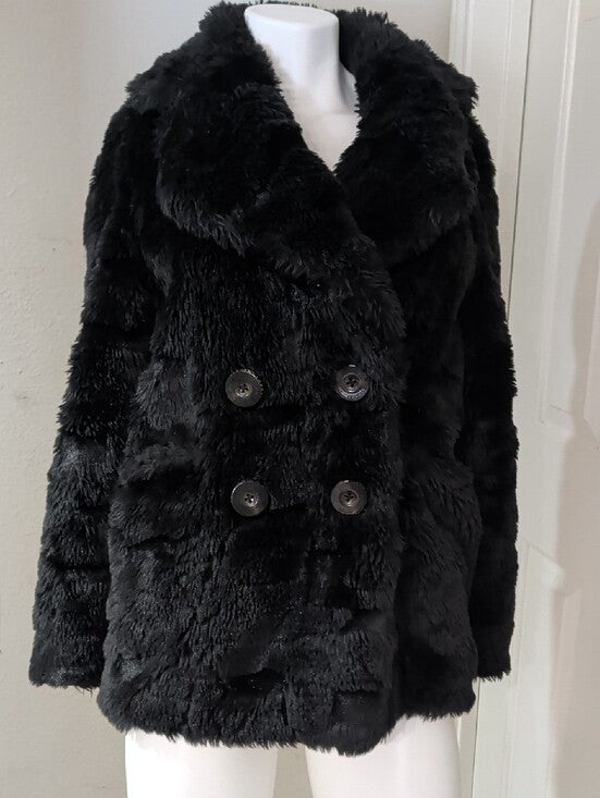 Retro Juicy Couture Black Teddy Faux-Fur Double-Breasted Coat Women's Small