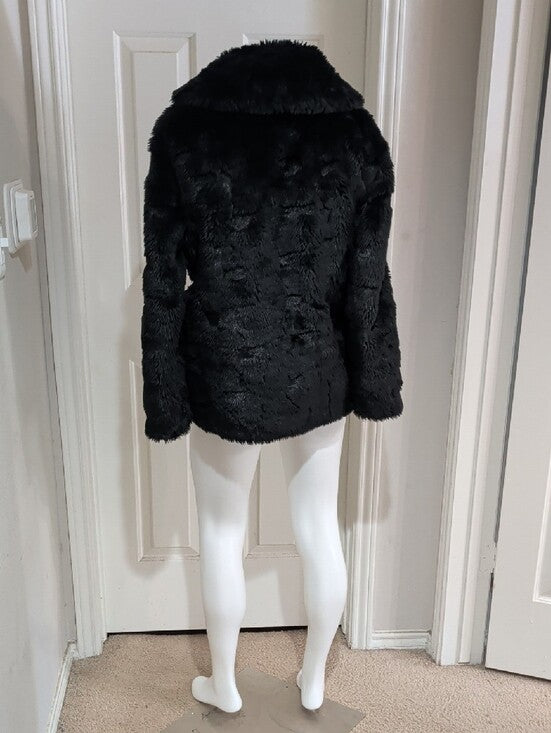 Retro Juicy Couture Black Teddy Faux-Fur Double-Breasted Coat Women's Small