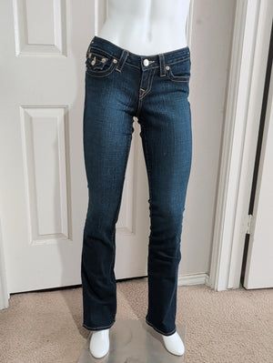 True Religion Dark Blue Low Rise Flare Jeans with Contrast Stitching Women's 26 US