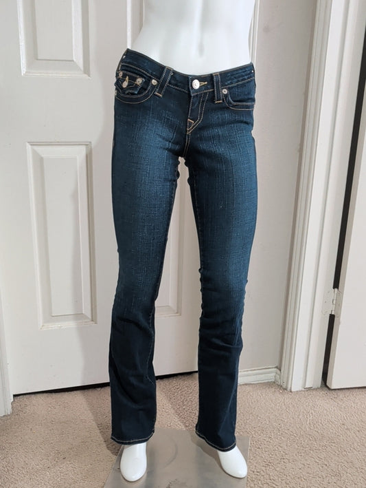 True Religion Dark Blue Low Rise Flare Jeans with Contrast Stitching Women's 26 US