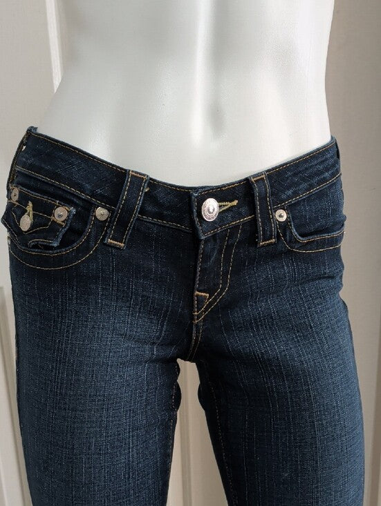 True Religion Dark Blue Low Rise Flare Jeans with Contrast Stitching Women's 26 US