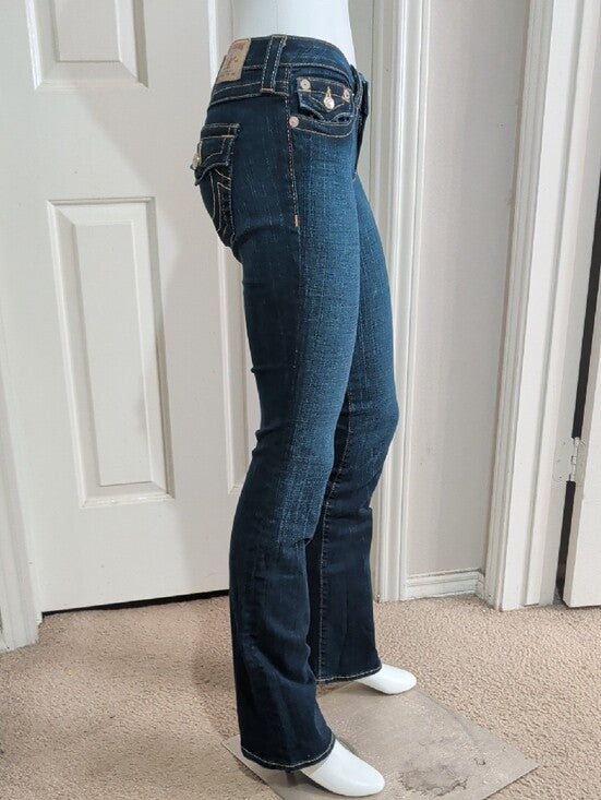 True Religion Dark Blue Low Rise Flare Jeans with Contrast Stitching Women's 26 US