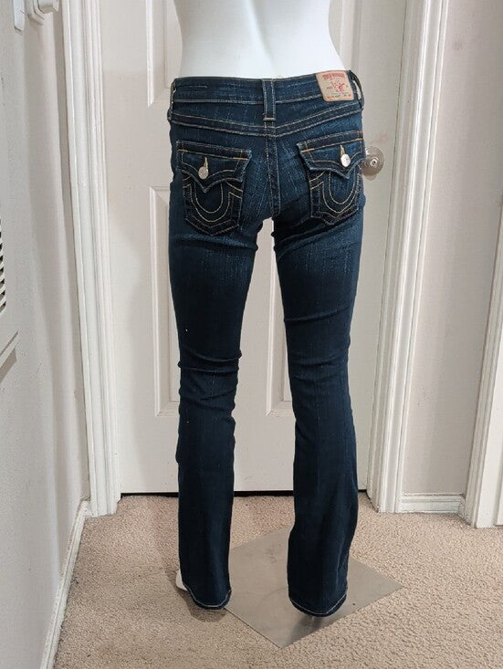 True Religion Dark Blue Low Rise Flare Jeans with Contrast Stitching Women's 26 US