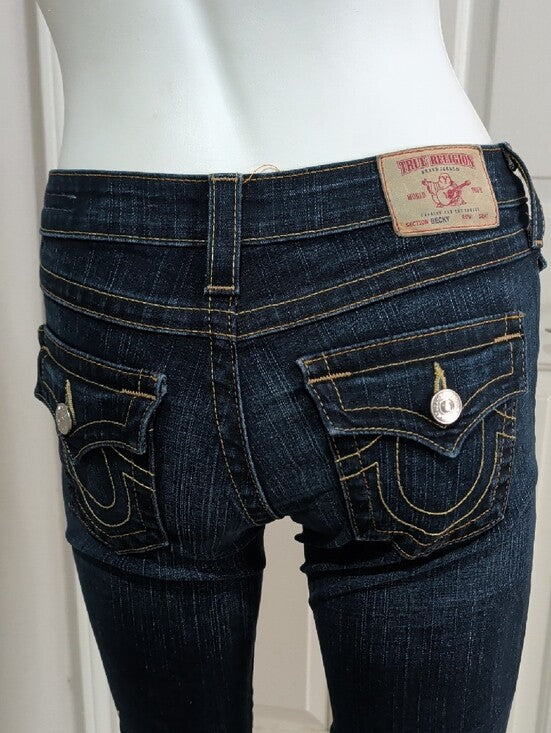 True Religion Dark Blue Low Rise Flare Jeans with Contrast Stitching Women's 26 US