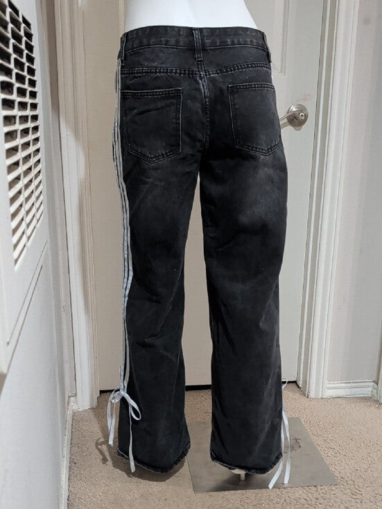 Telepatia Black Washed Straight-Leg Jeans with Side Stripes Women's 7/28 US