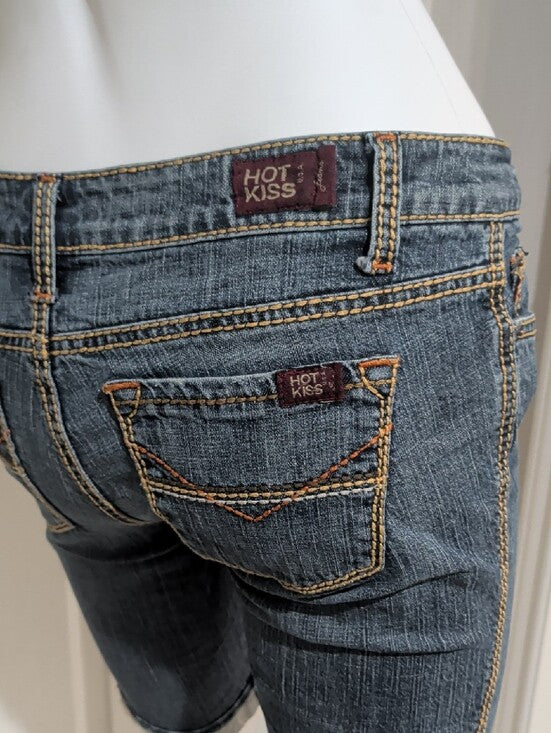 VTG Hot Kiss Slim Dark Blue Denim Knee-Length Shorts Retro Women's 5/27 US