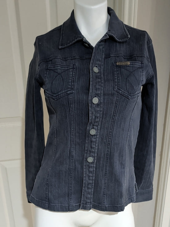 Calvin Klein Dark Blue Fitted Stretch Denim Button-Down Shirt Retro Women's Small