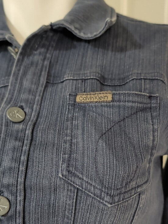Calvin Klein Dark Blue Fitted Stretch Denim Button-Down Shirt Retro Women's Small