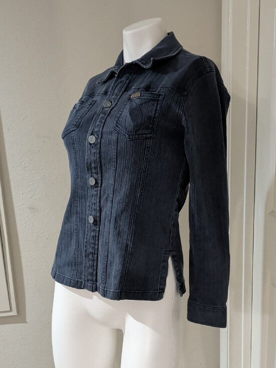 Calvin Klein Dark Blue Fitted Stretch Denim Button-Down Shirt Retro Women's Small