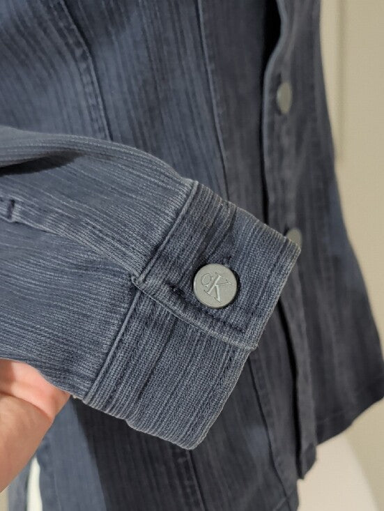 Calvin Klein Dark Blue Fitted Stretch Denim Button-Down Shirt Retro Women's Small