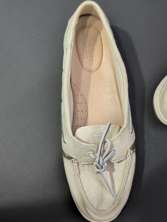 Sperry Ivory Canvas & Metallic Trim Boat Shoes Women's 11 US