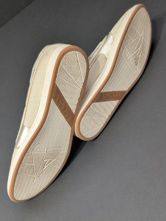 Sperry Ivory Canvas & Metallic Trim Boat Shoes Women's 11 US