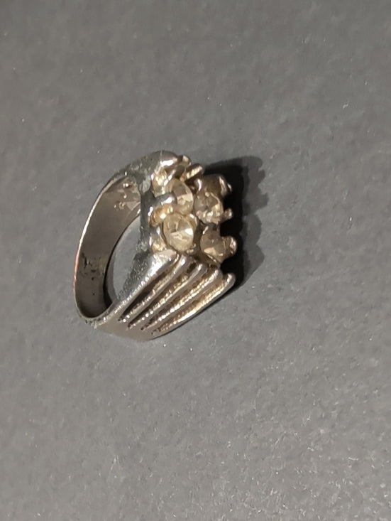 Vintage Brutalist Silver-Tone Cluster Crystal Ring Costume Jewelry Sz 10
