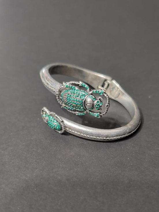 Lucky Brand Silver Scarab Bracelet with Green Crystal Accents