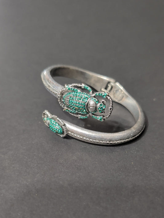 Lucky Brand Silver Scarab Bracelet with Green Crystal Accents