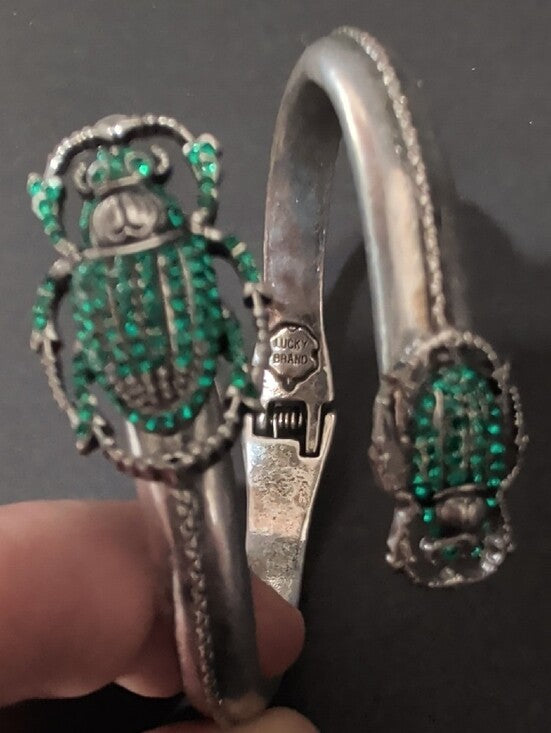 Lucky Brand Silver Scarab Bracelet with Green Crystal Accents