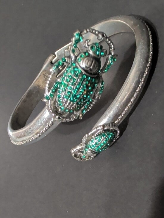 Lucky Brand Silver Scarab Bracelet with Green Crystal Accents