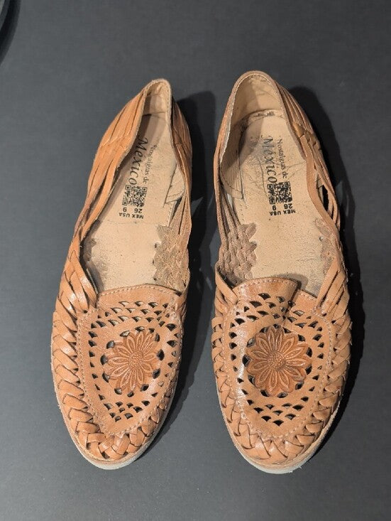 Handcrafted Huarache Tan Leather Slip-On Loafers Women's 9 US/ 26 MEX
