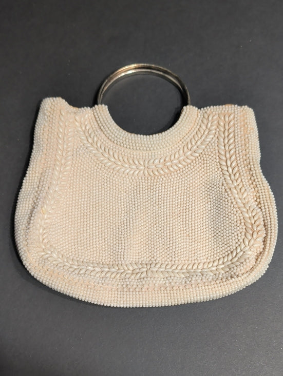 Vintage Cream Beaded Wristlet Clutch with Metal Handle