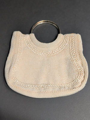 Vintage Cream Beaded Wristlet Clutch with Metal Handle