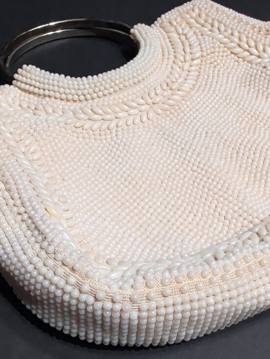 Vintage Cream Beaded Wristlet Clutch with Metal Handle