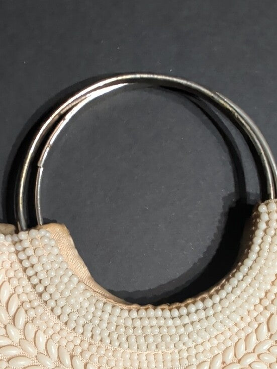 Vintage Cream Beaded Wristlet Clutch with Metal Handle