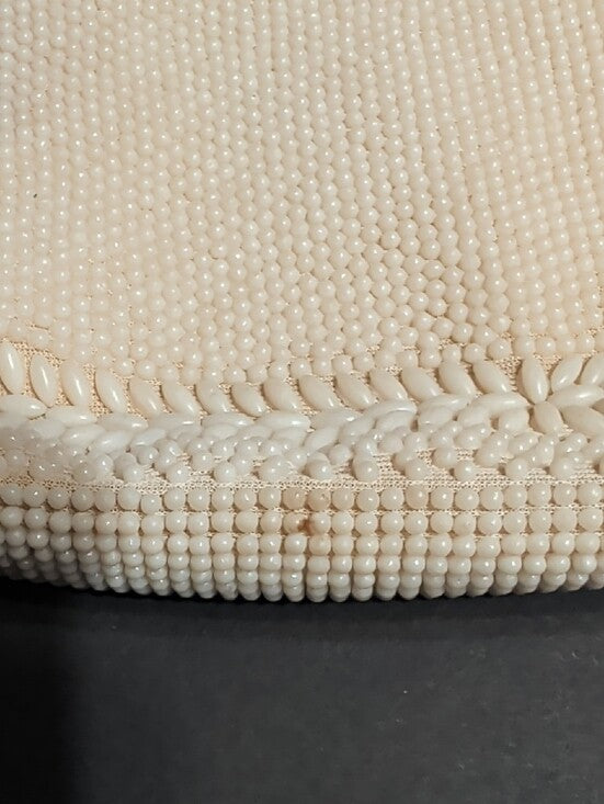 Vintage Cream Beaded Wristlet Clutch with Metal Handle