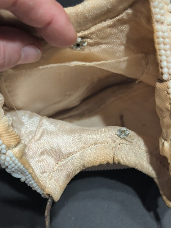 Vintage Cream Beaded Wristlet Clutch with Metal Handle